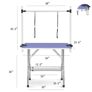 Folding Dog Pet Grooming Table Stainless Steel Frame Rubber Mat On Board With Adjustable Arm And Clamps Pet Dog Cat Grooming Table