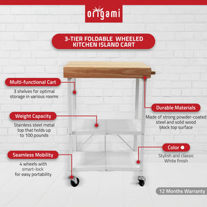 Origami RBT Fully Stainless Steel Foldable Kitchen Cart with 4 Wheels, White