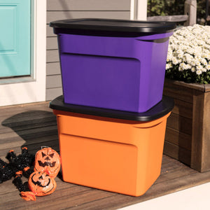 Sterilite 18 Gallon Storage Tote Stackable Plastic Bin with Lid, Purple, 16 Pack
