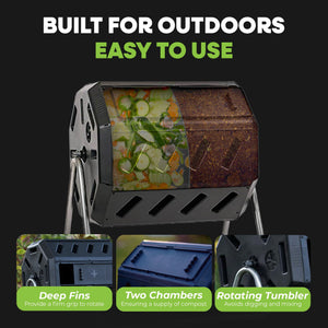 FCMP Outdoor 37 Gallon Elevated Dual Chamber Tumbling Garden Composter Bin,Black