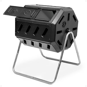 FCMP Outdoor 37 Gallon Elevated Dual Chamber Tumbling Garden Composter Bin,Black