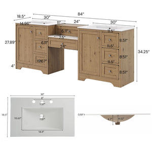 Double Sink Bathroom Vanity With Countertop, 2 Ceramic Sinks, 6 Drawers