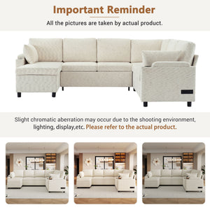 U-Shaped Sectional Sleeper Sofa With Ample Storage Space, 2 Cup Holders And Charging Ports For Living Room