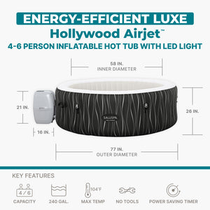 Bestway SaluSpa Hollywood EnergySense Luxe AirJet Inflatable Hot Tub, Black