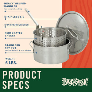 Bayou Classic 10 Quart Stainless Steel Fry Pot w/Perforated Basket & Thermometer
