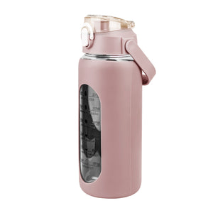 34Oz Glass Water Bottle Sports Water Bottle Motivational Water Bottle Water Intake Tracker Bottle with Straw Time Marker Silicone Sleeve Handle for Gy