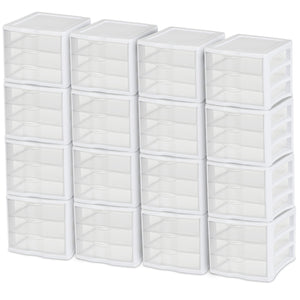 Sterilite ClearView Compact Stacking 3 Drawer Storage Organizer System, 16 Pack