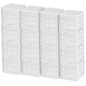 Sterilite ClearView Compact Stacking 3 Drawer Storage Organizer System, 16 Pack