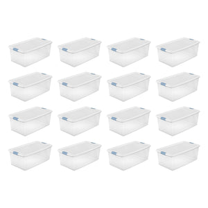 Sterilite 106 Qt Clear Plastic Stackable Storage Bin w/ White Latch Lid, 16 Pack
