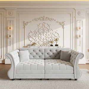 Oversized Chesterfield Pull Out Sofa Bed, Roll Arm Couch With Flower Tufting For Living Room