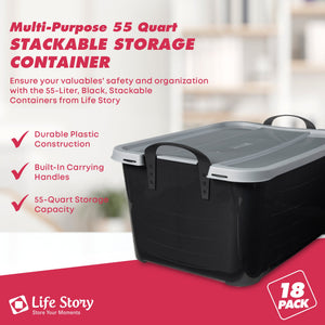 Life Story 55 Quart Stackable Storage Bin, Heavy Duty Lidded Container, 18 Pack