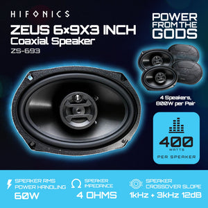 Hifonics Zeus 800 Watt 6 x 9 Inch 3 Way Car Audio Coaxial Speakers, 2 Pairs