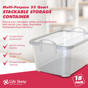 Life Story 55 Quart Stackable Storage Bin, Light Duty Container, Clear, 18 Pack