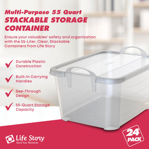Life Story 55 Quart Stackable Storage Bin, Light Duty Container, Clear, 24 Pack