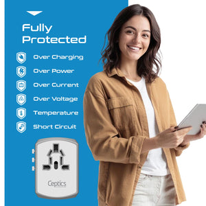 All-In-One International Travel Adapter - 5 in 1 - 2 USB-A & 2 USB-C - Max. 17.5W (3.5A) - White (UP-15KU-WH)
