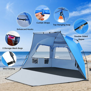 3-4 Person Easy Pop Up Beach Tent UPF 50+ Portable Sun Shelter