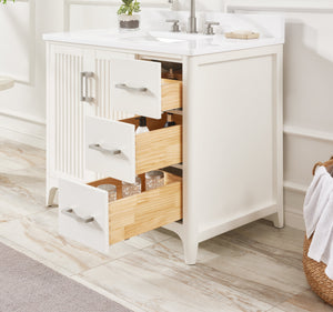 36 Inch Solid Wood Pre-Assembly Bathroom Vanity with US Power - White