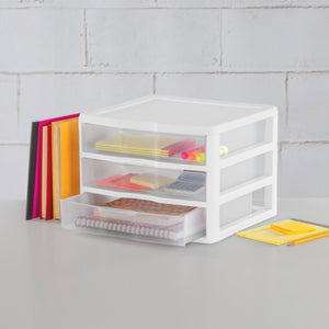 Sterilite Plastic Stackable Small 3 Drawer Storage System, White Frame, 3 Pack