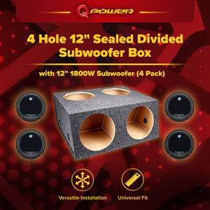 Q Power 4 Hole 12" Sealed Divided Subwoofer Box & 12" 1800W Subwoofer (4 Pack)
