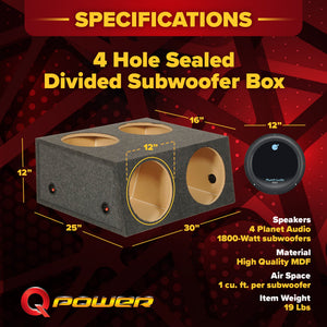 Q Power 4 Hole 12" Sealed Divided Subwoofer Box & 12" 1800W Subwoofer (4 Pack)