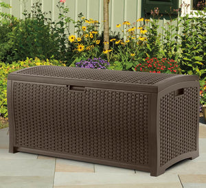 Suncast 73 Gallon Wicker Resin Outdoor Patio Storage Deck Box, Mocha (2 Pack) - TRAPSKI