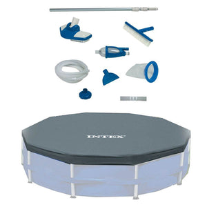 Intex Deluxe Maintenance Cleaning Kit & 12-Foot Round Frame Easy Set Pool Cover - TRAPSKI