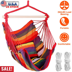Hammock Hanging Chair Canvas Porch Patio Swing Seat Portable Camping Rope Seat Wooden Stick Hammock Chair with 2 Pillows 265LBS Load-bearing