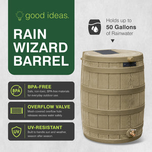 Good Ideas Rain Wizard 50 Gallon Plastic Rain Barrel Water Collector, Khaki