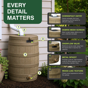 Good Ideas Rain Wizard 50 Gallon Plastic Rain Barrel Water Collector, Khaki