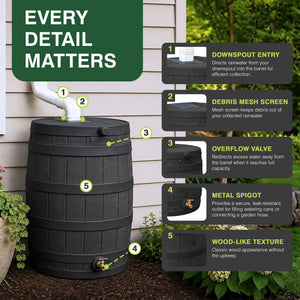 Good Ideas Rain Wizard 50 Gallon Plastic Rain Barrel Water Collector, Black