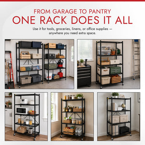 Origami R5-06W Black 4-Wheeled and 4-Shelf Folding Steel Wire Shelving Storage