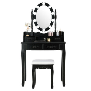 Makeup Dressing Table with Touch Switch Lighted Mirror and Cushioned Stool-Black