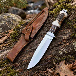 11 Inch D2 Steel Hunting Knife with Natural Antler Handle & Leather Sheath