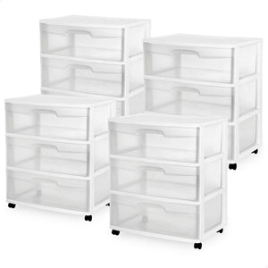 Sterilite At Home 3 Drawer Wide Storage Cart Container with Casters (4 Pack)