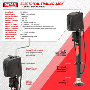 Uriah Products Electric 12V 7 Way Connector 5000 Lb Lift Capacity Trailer Jack
