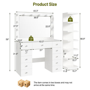 Vanity Desk with 11 Hollywood Bulbs & 7-Tier Storage Shelves