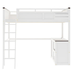 Queen Size Loft Bed With Desk, Open Shelf, Storage Box And USB Charging Station - White