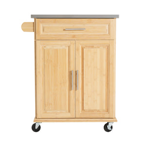 Indoor Compact Bamboo Rolling Kitchen Cart with Stainless Steel Top