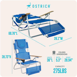 Ostrich The Original 3N1 Lightweight Beach Lounge Chair with Footrest, Blue