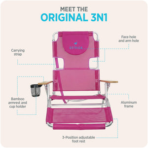 Ostrich The Original 3N1 Lightweight Beach Lounge Chair with Footrest, Pink