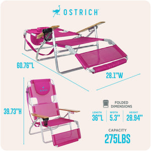 Ostrich The Original 3N1 Lightweight Beach Lounge Chair with Footrest, Pink