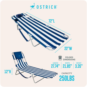 Ostrich Chaise Lounge, Facedown Beach Camping Pool Tanning Chair, Blue Stripe