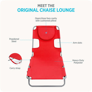 Ostrich The Original Chaise Lounge, Facedown Beach Pool Tanning Chair, Red