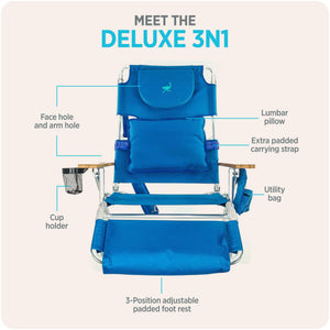 Ostrich The Deluxe 3N1 Lightweight Outdoor Beach Lounge Chair w/ Footrest, Blue