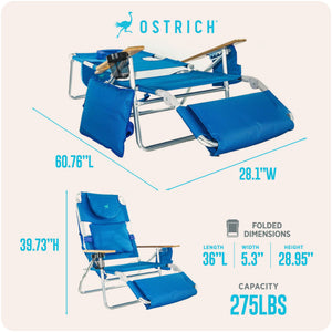 Ostrich The Deluxe 3N1 Lightweight Outdoor Beach Lounge Chair w/ Footrest, Blue