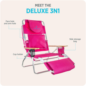 Ostrich The Deluxe 3N1 Lightweight Outdoor Beach Lounge Chair w/ Footrest, Pink