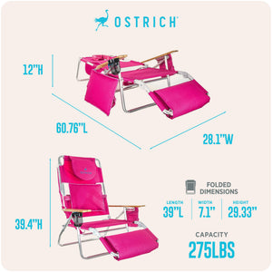 Ostrich The Deluxe 3N1 Lightweight Outdoor Beach Lounge Chair w/ Footrest, Pink