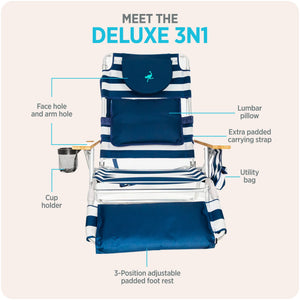 Ostrich The Deluxe 3N1 Lightweight Beach Lounge Chair w/ Footrest, Blue Stripe