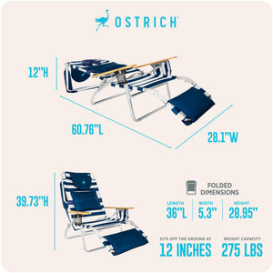 Ostrich The Deluxe 3N1 Beach Lounge Chair w/Footrest, Wood Armrests, Blue Stripe