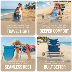 Ostrich The Deluxe 3N1 Lightweight Beach Lounge Chair w/ Footrest, Blue Stripe